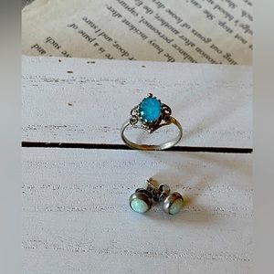 Opal Silver-tone Antique Vintage Filigree Ring & Opal Earrings